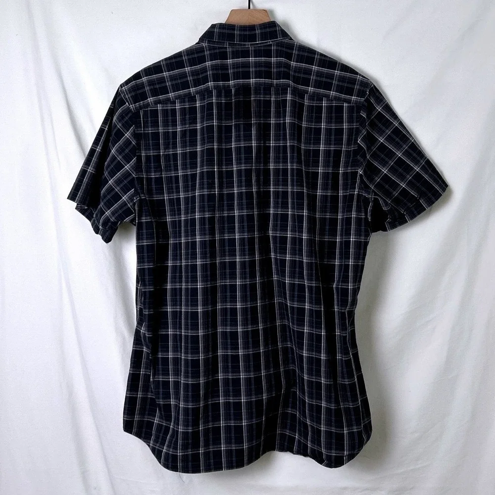 Banana Republic Mens Short Sleeve Plaid Button Down Shirt Black Large Stretch